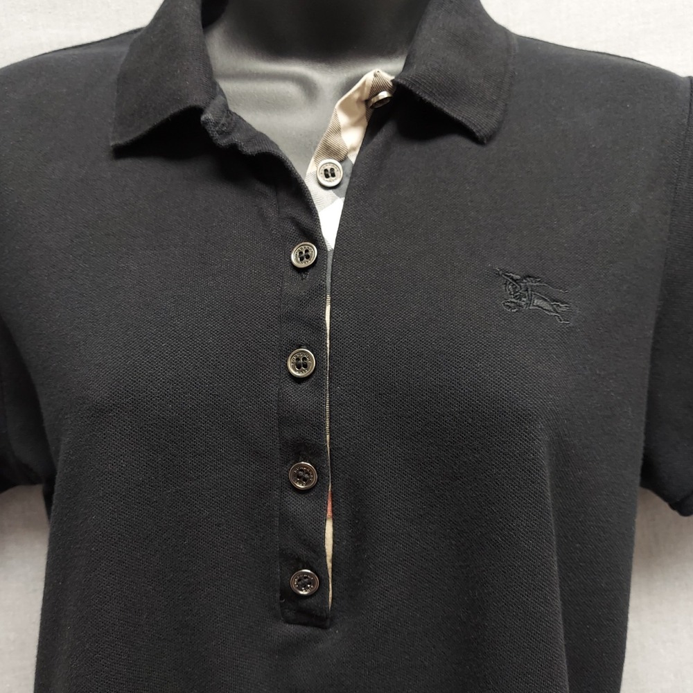 Burberry Brit Women L Black Pique Polo Shirt Nova Check Placket Equestrian Logo - Picture 3 of 14